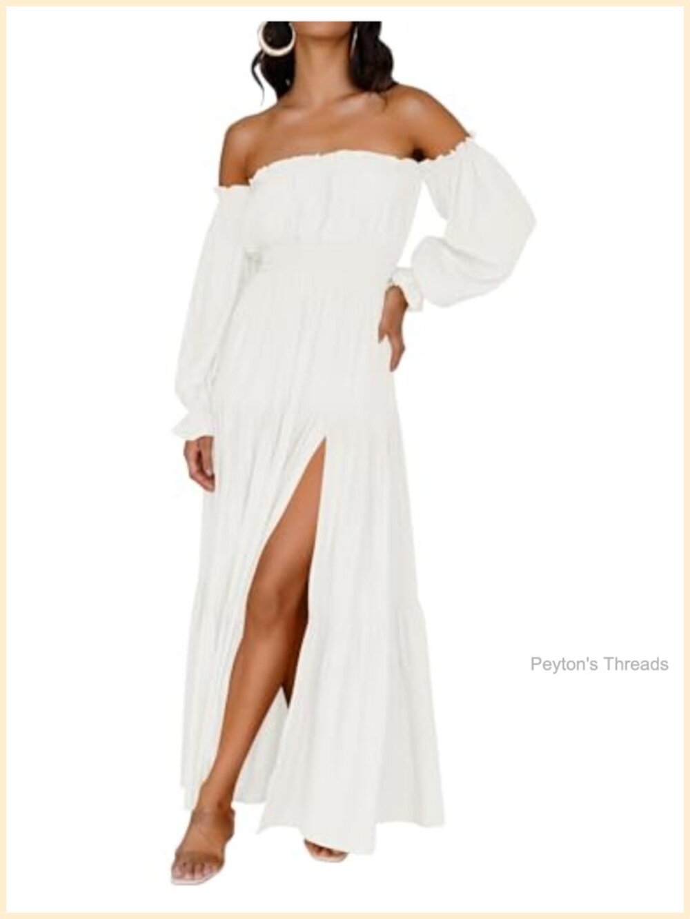 Womens Boho Off Shoulder Long Sleeve Maxi Dress High Slit Ruffle Hem